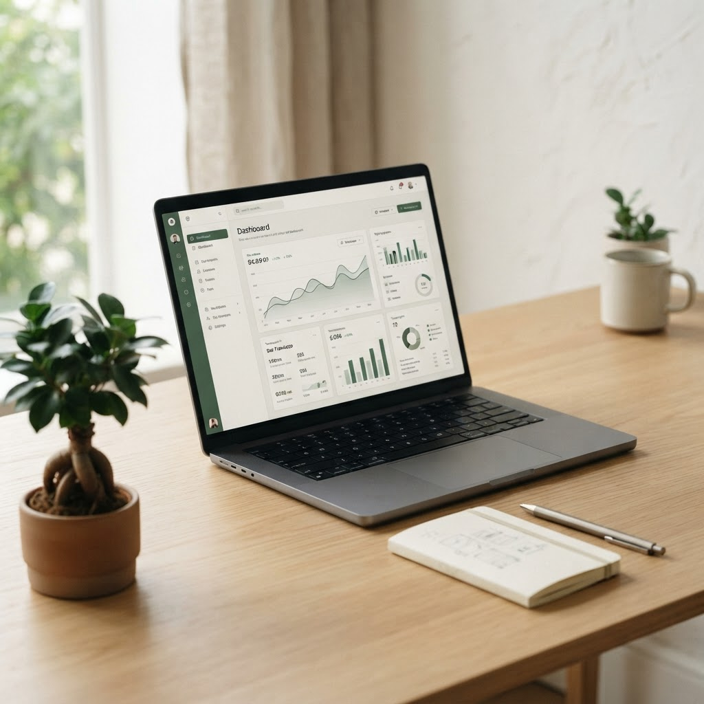 A meticulously engineered web application interface shown on a workspace