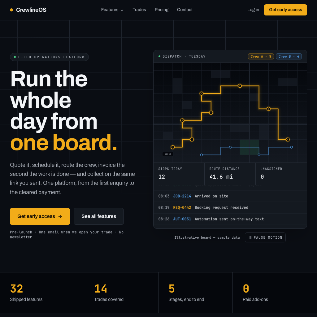 CrewlineOS — Field-service software for trade crews — booking to quote to job to invoice, with nothing re-typed in between.