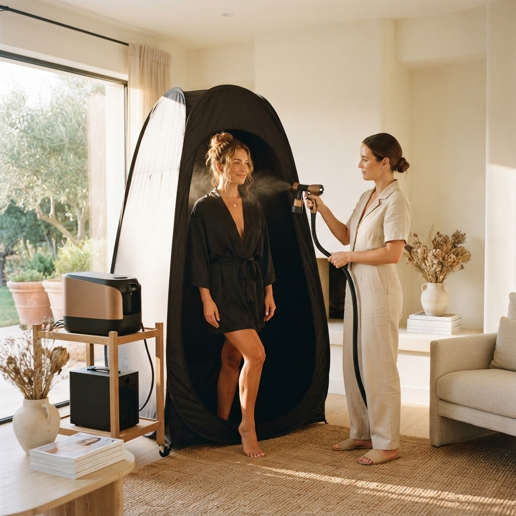 Glow by Kristy — A marketing site and booking app for a mobile spray-tan business — a multi-step booking wizard, session-balance packs, and real accounts with SMS notifications.