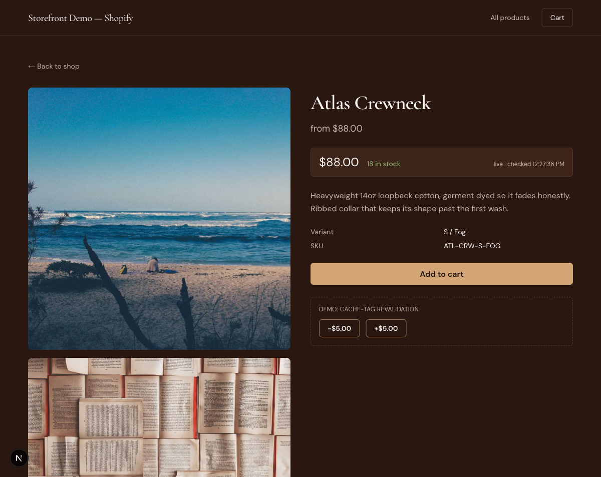 Storefront Demo — Shopify Adapter — A working proof-of-concept storefront on the headless-commerce architecture with a Shopify-Storefront-API-shaped adapter — instant catalog and PDP loads, a live price/stock strip, and an optimistic add-to-cart with a cache-tag revalidation demo built in.